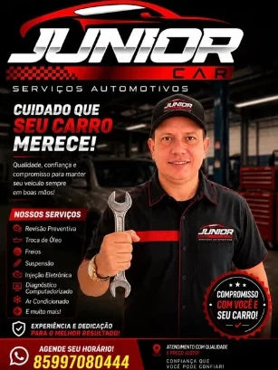Publicação da Júnior Car: mecânico com uniforme da oficina segurando uma chave, com a frase “Cuidado que seu carro merece!” e a lista de serviços