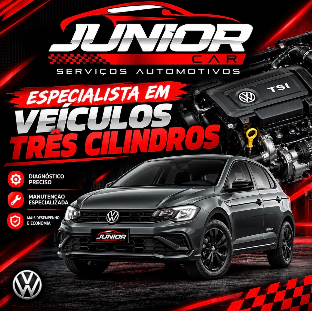 Arte da Júnior Car: especialista em veículos três cilindros, com diagnóstico preciso, manutenção especializada, mais desempenho e economia
